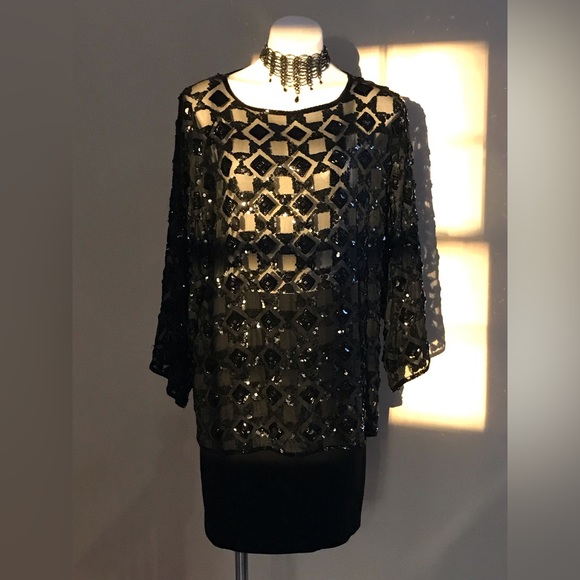 Adrienne Vittadini Beaded Black Vintage Long Sleeves Heavy Blouse 100% Silk Sz M - Picture 1 of 12